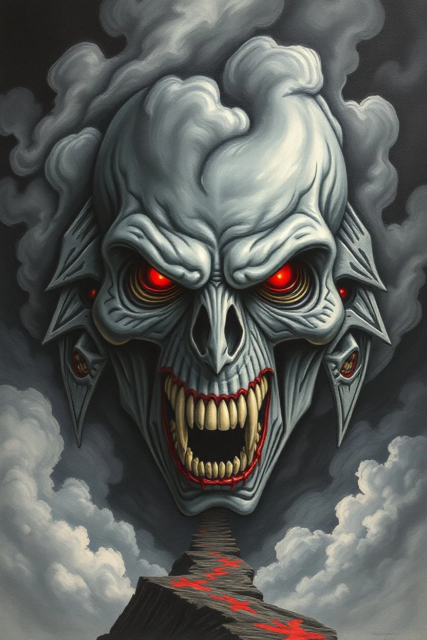 Nightmare in my mind, evil in many faces, Busch painting nightmare, thin line draw, 3D gray clouds colors