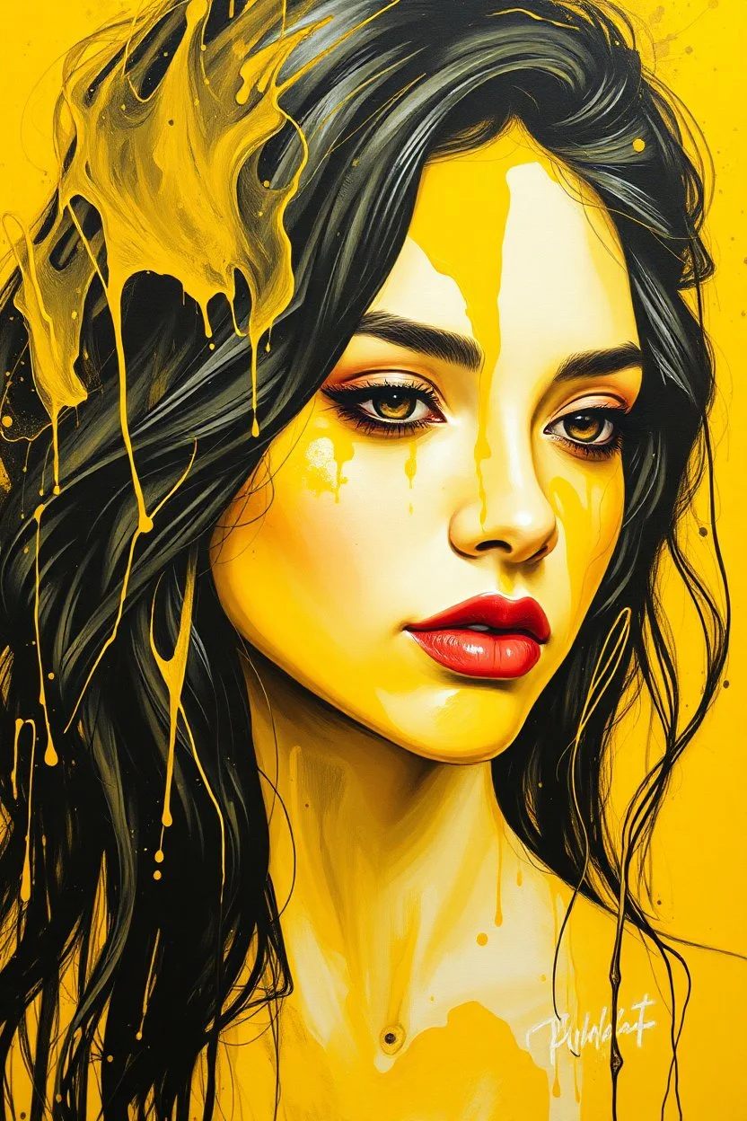 A beautiful young women painted with Liquid abstract yellow painting,