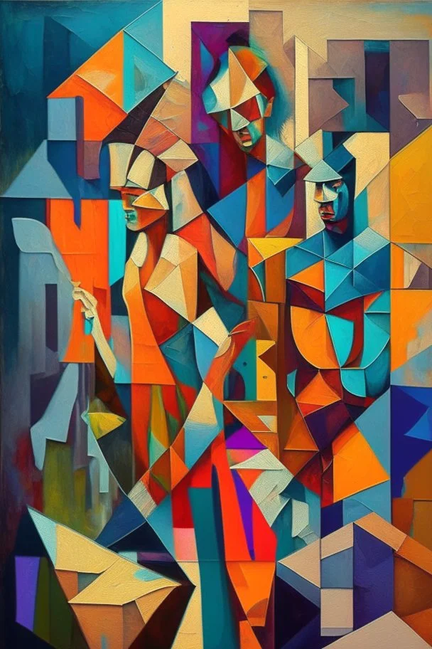 people, cubist painting, oil in canvas, splash, rust, geometric shapes, colorful