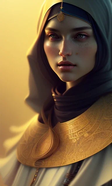 Arabic poet , cute, beautiful, long hair, wavy hair, black eyes,Arab cloak، head and shoulders portrait, cinematic, 8k, resolution concept art portrait by Greg Rutkowski, Artgerm, WLOP, Alphonse Mucha dynamic lighting hyperdetailed intricately detailed