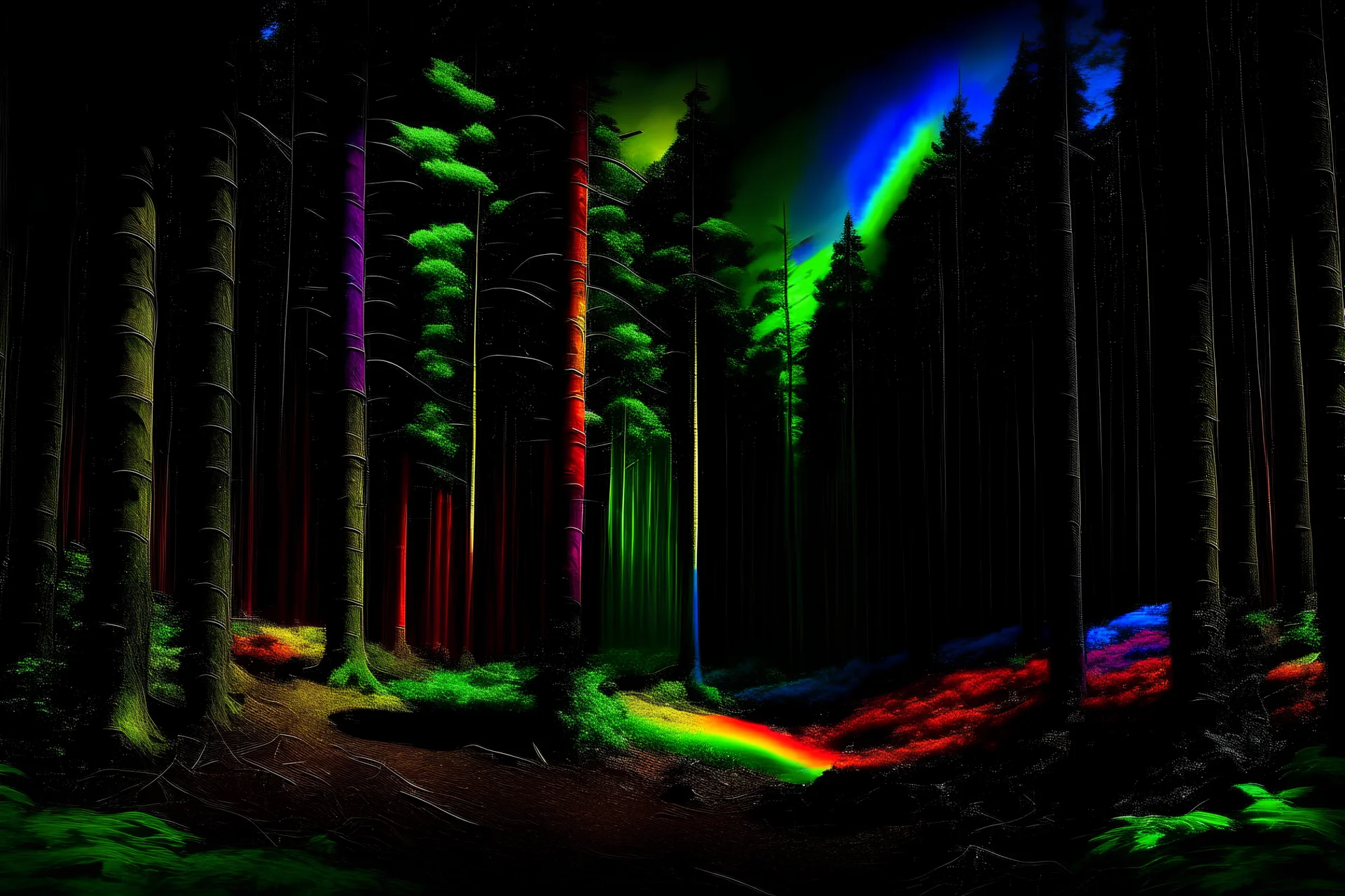 a wild and vibrant forest, with a black background and bright outstanding rainbow coloring