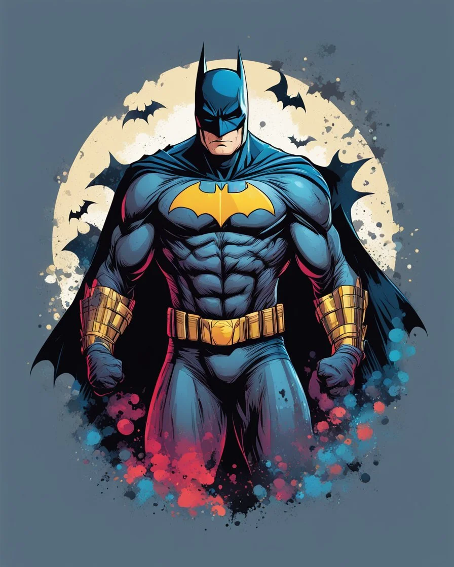 illustration for t-shirt design of Batman, vector illustration, optimize for bold lines, vibrant colors suitable for printing, centered, isolated, illustration, vibrant. Full body