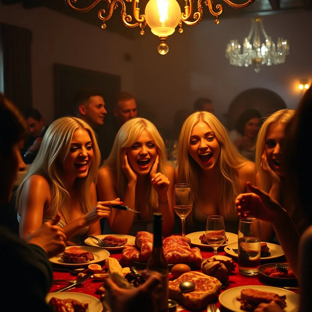 Horror movie shot, spooky, ultra realistic, distress, dine, ultra realistic hot blonde women, party, pieces of meat, organs, ail dynamic, anguish, very excited people, hypermaximalist figures, light, 1970's Italian horror movie, sinister, John Carpenter, Dario Argento, Stanley Kubrik, ornate, 4k, photorealism