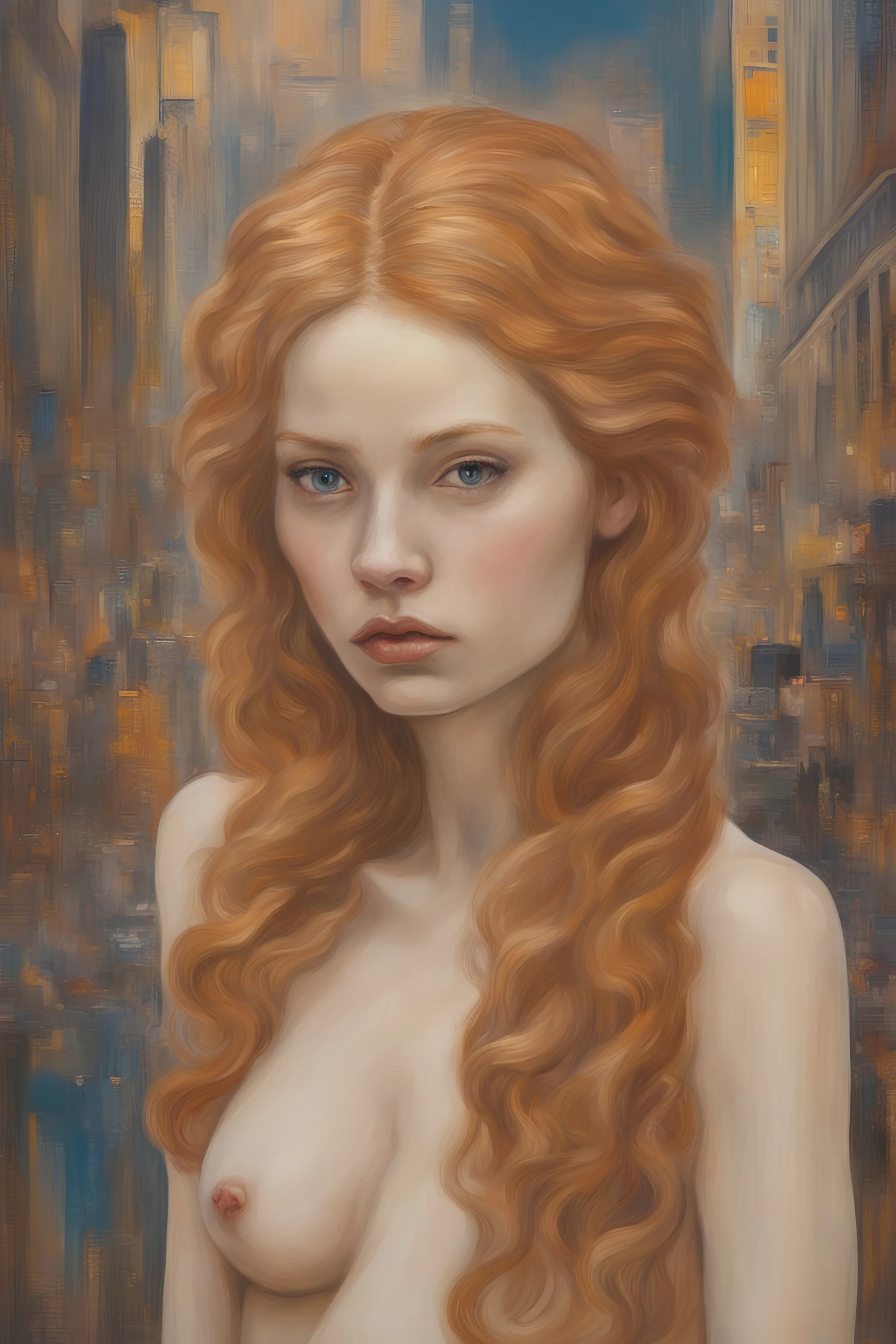 Ginger hair naked Alexandra "Sasha" Aleksejevna Luss psychology erect oil paiting In Sigmund Freud's Freudian depth psychology display Gustav Klimt style, dream, symptom, image in the background in the city art display Gustav Klimt style artgerm display in the New York City