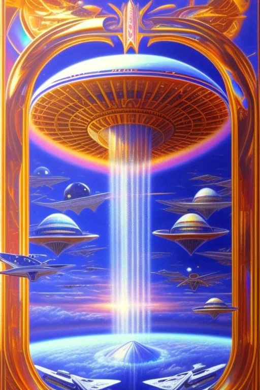 Very beautiful ufo, futurist, intergalactic, mother ship, ashtar command, interdimensionnal, rainbow