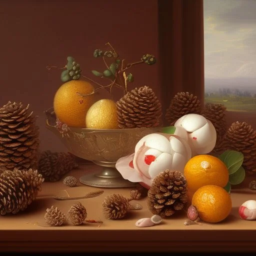 a still life composition of pinecones like Pieter Claesz