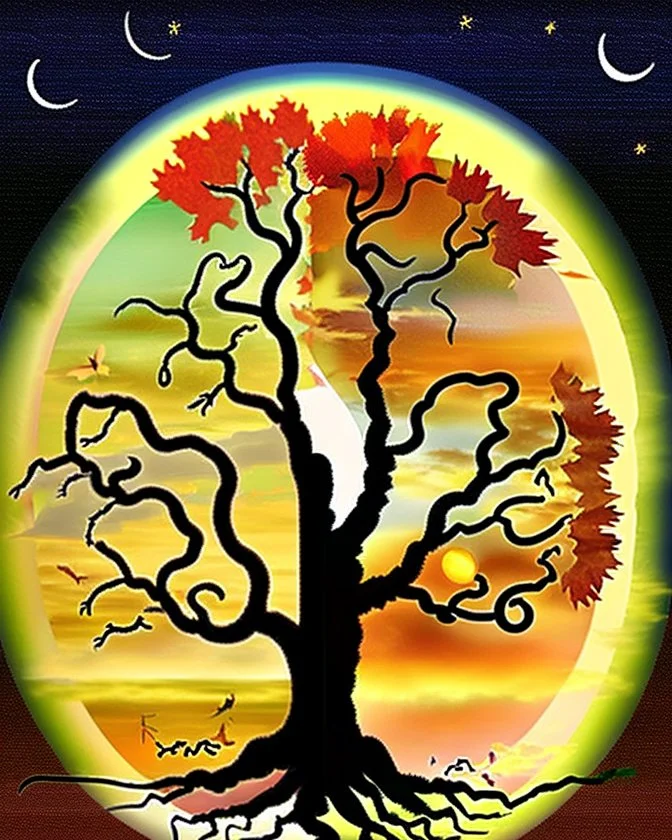 The tree of life consists of four seasons: spring, summer, autumn, winter, light, time, darkness, star, moon, sun, yang-ying, water, wind, earth, fire and love.