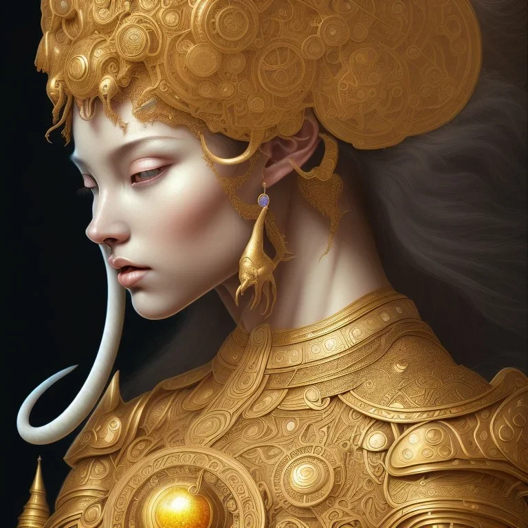 Sango fantasy, fantasy magic, intricate, sharp focus, illustration, highly detailed, digital painting, concept art, matte, art germ and Paul Lewin and Kehinde Wiley, masterpiece silver elephant head bronze Buddha Asian African girl nice breast Hawaiian hair turquoise golden waves