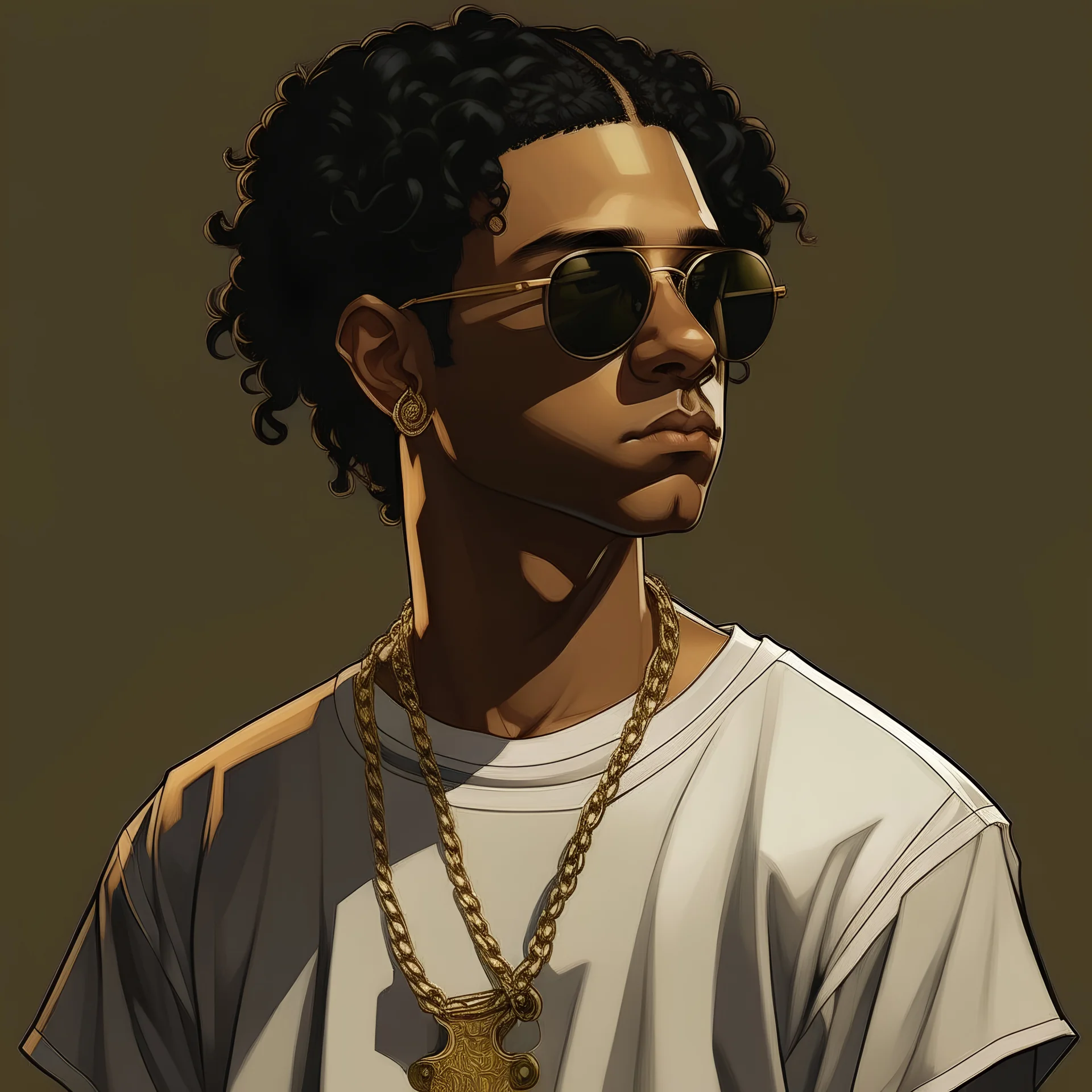 a 16 year old brown boy with black curly hair wearing black sunglasses, gta 5 style art, looking to the right, wearing oversized white tee with a gold chain, black oversized cargos, drawing, detailed