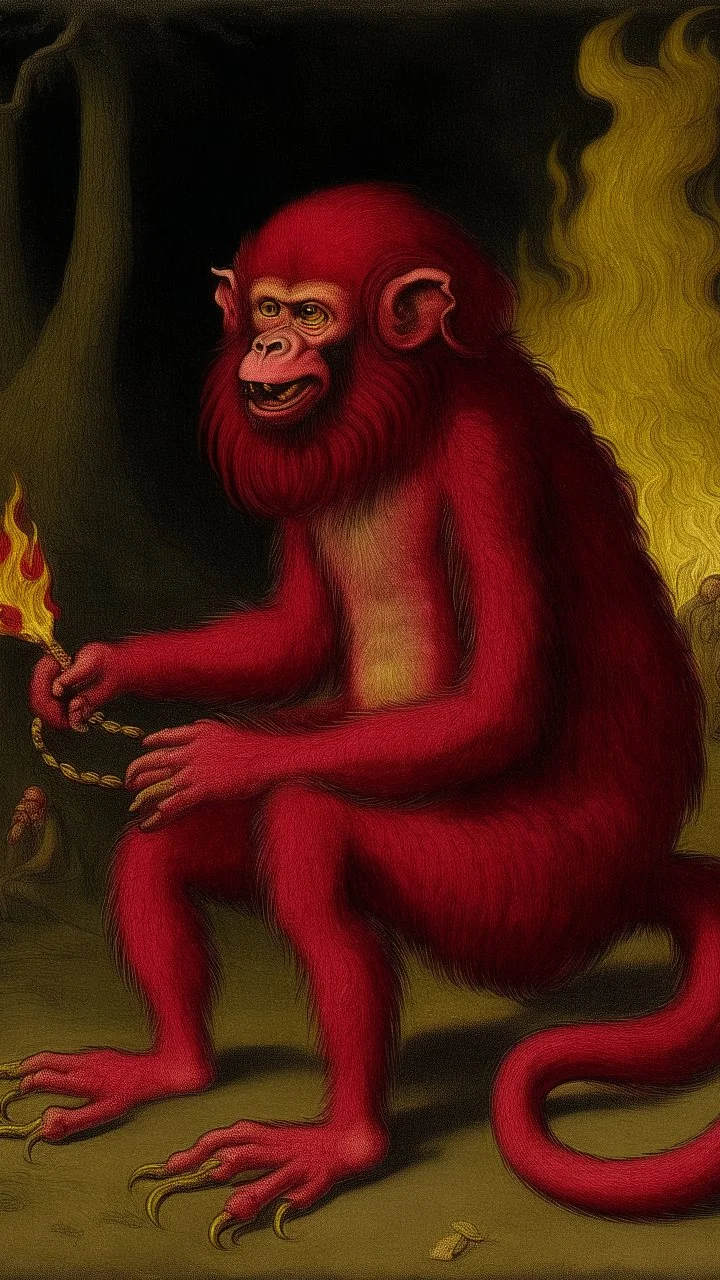 A dark reddish magenta fire elemental monkey painted by Pieter Bruegel the Elder