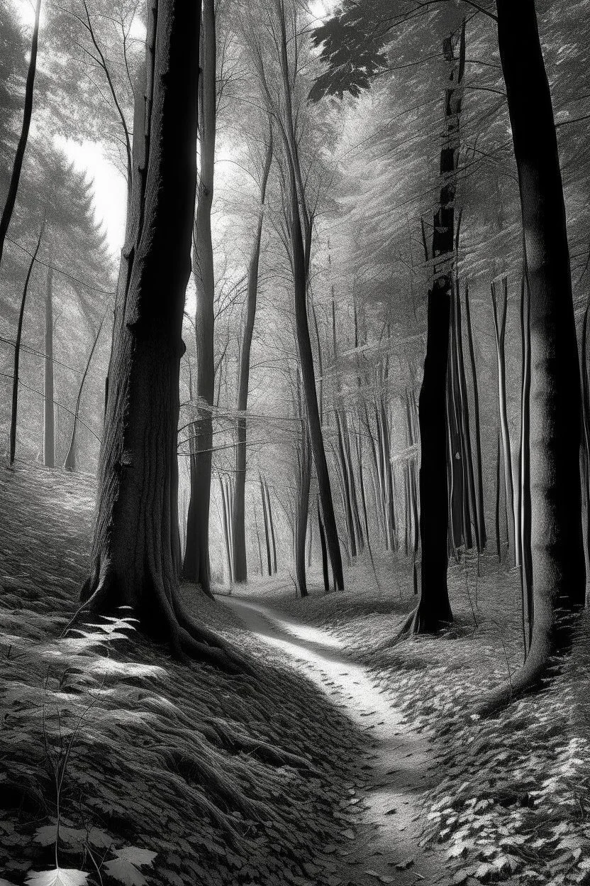 Autumn forest path in the style of Ansel Adams