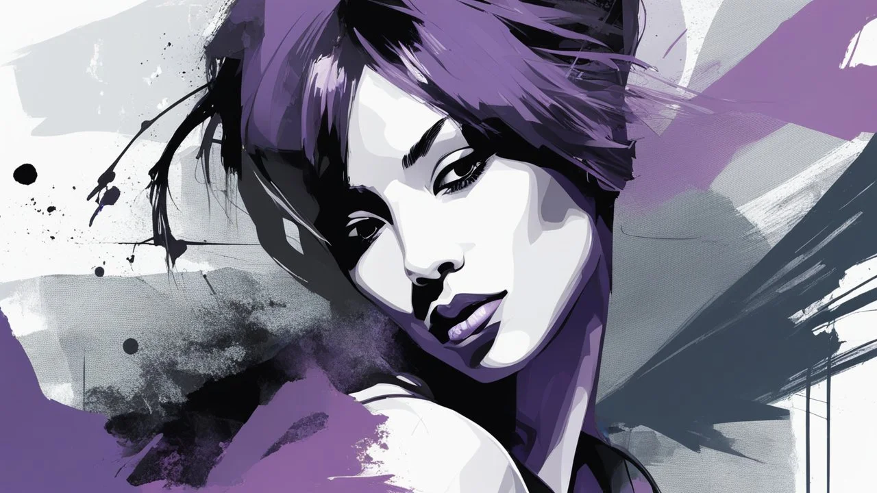 aesthetic, painterly style, modern ink, Kai'Sa ,Asian, purple and dark, sensual, sultry, dark blouse, expressive pose, urbanpunk, abstract texture multilayer background, neo-expressionist , Russ Mills, Ian Miller