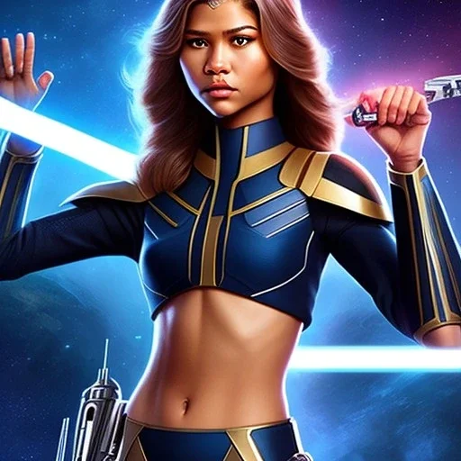 Zendaya, star wars black bikini uniform Empire officer, movie poster, heroic gaze windswept hair, wide angle lens, full torso