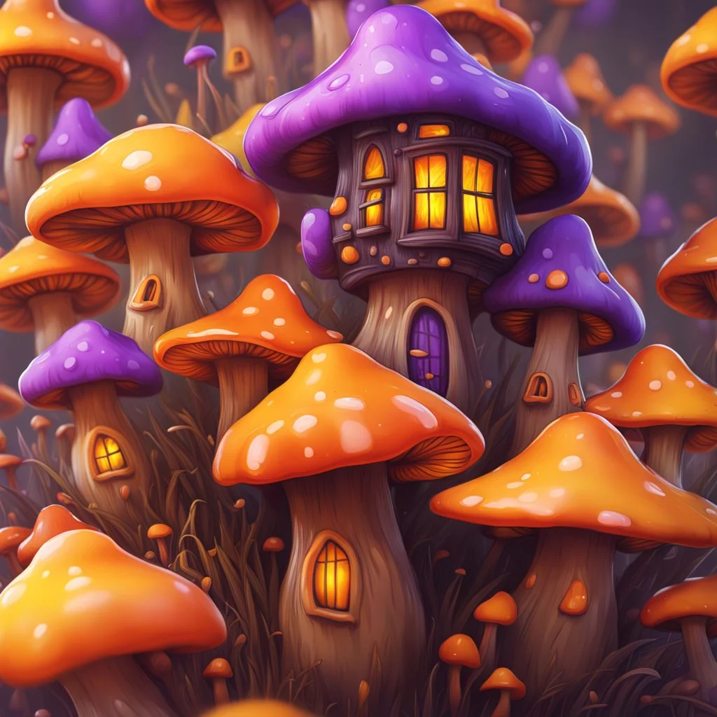 A weird mushroom house with drippy spots on a floating space island. black orange yellow purple. Detailed gloss Painting, rich color, fantastical, intricate detail, splash screen, hyperdetailed, insane depth, concept art, 8k resolution, trending on artstation