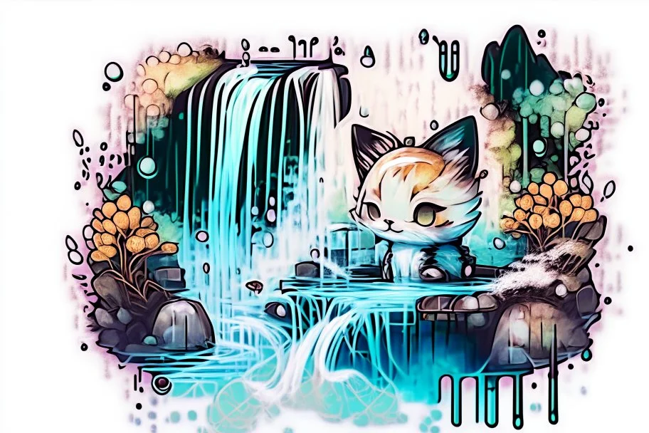 cute chibi cat in a restaurant double exposure waterfall in the forest watercolor and ink