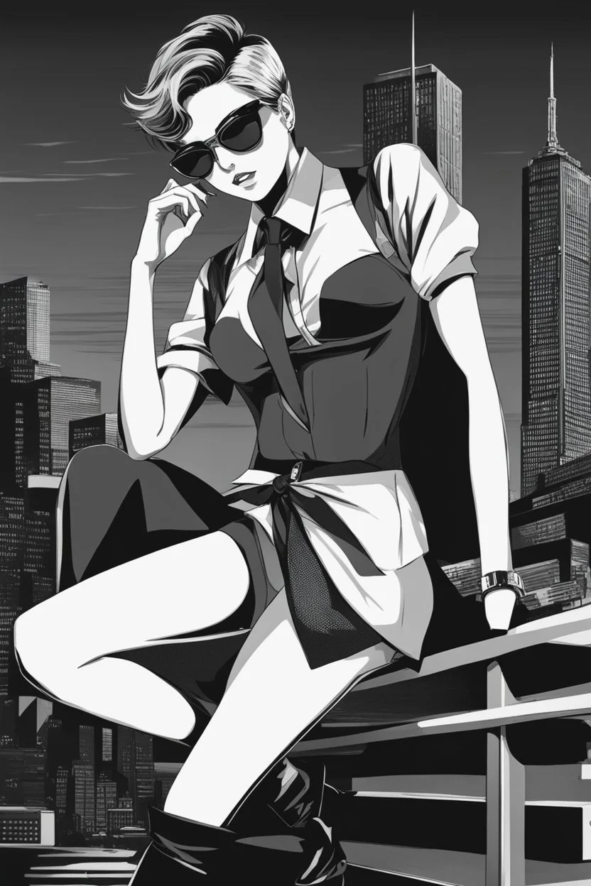 manga, anime, drawing, art, cartoon, perfect body, perfect hands, perfect face, perfect eyes, perfect arms, perfect cowboy hat, mafia woman, female mafia,, short hair pixie cut shaved side, black suit and tie, sunglasses, badass, cool, attractive