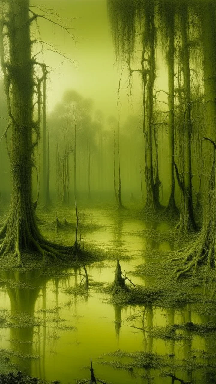 A pale greenish yellow toxic swamp painted by Casper David Friedrich