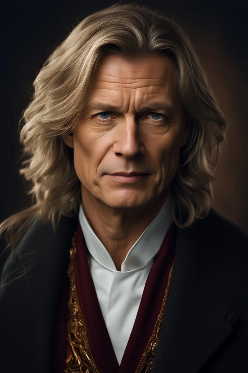 Portrait of a middleaged norwegian doctor with shoulder length hair, photorealistic, fantasy