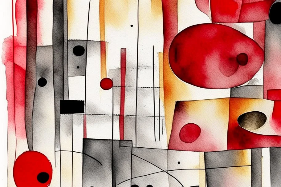 Abstract watercolour in the style of Paul Klee and Barbara Hepworth in red,grey and gold on watercolour background