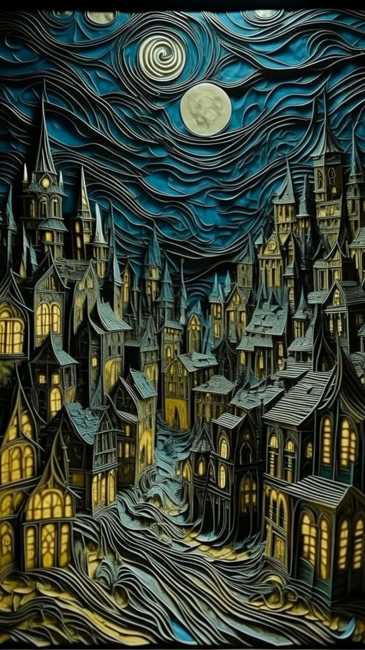 A black haunted city with ghosts designed in Chinese paper art painted by Vincent van Gogh