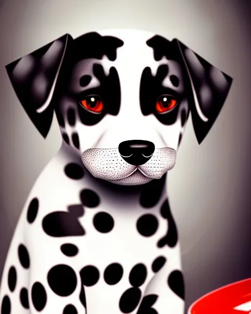 photorealistic dalmatian puppy, tilting head, sitting on kitchen floor, red collar, black paw prints on floor