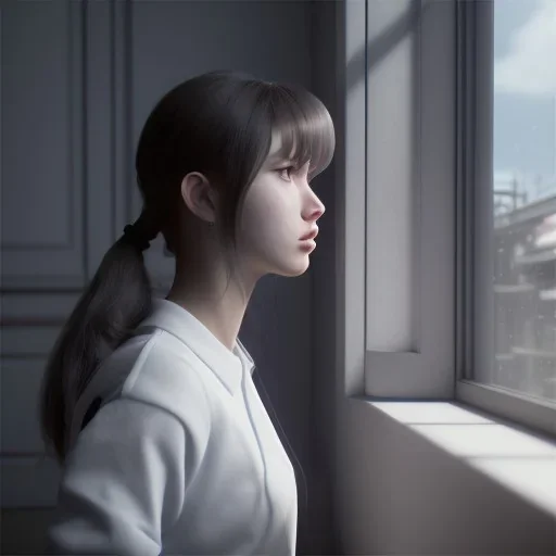 female student studying by the window, anime style,perfect face, cool face, ultra detail, unreal engine 5, cinema4d, sun light, studio lighting --ar 1:1 --v 4