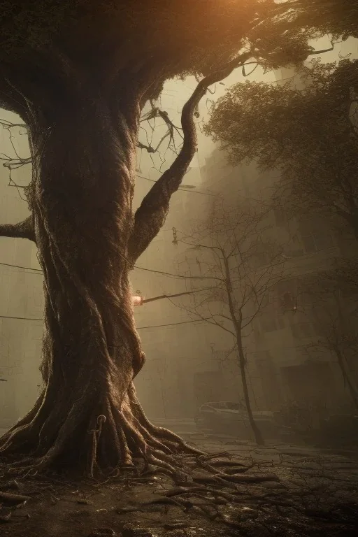 Cyberpunk theme, Oak tree roots holding man inside, misty sunny day, close-up portrait,