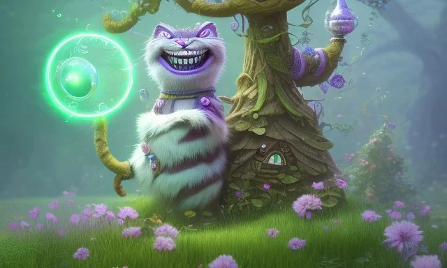 cheshire cat in a tree, leaning on a branch, wide grin, glowing eyes, blue and grey, alice in wonderland, signpost pointing in different directions, orbs of light, tea pot, teacup, film still