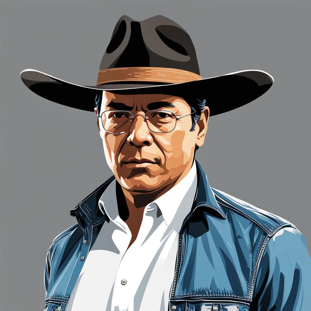 vector graphic of Gustavo Petro serious with a cowboy hat, with a shirt and jeans, without glasses, without a tie