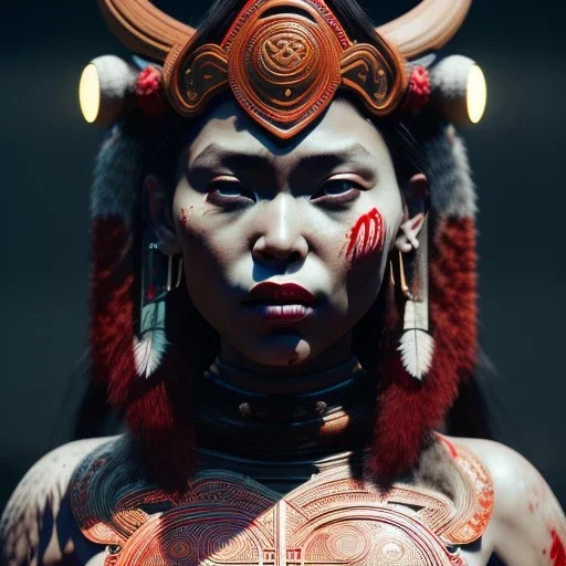 Maori woman, rounded face, blood, black, red, leaves, samurai helmet, decorative color feathers, retro, bamboo, leather, soft color, highly detailed, art stations, concept art, smooth, unreal engine 5, god rays, ray tracing, RTX, lumen lighting, ultra detail, volumetric lighting, 3d, finely drawn, high definition, high resolution.