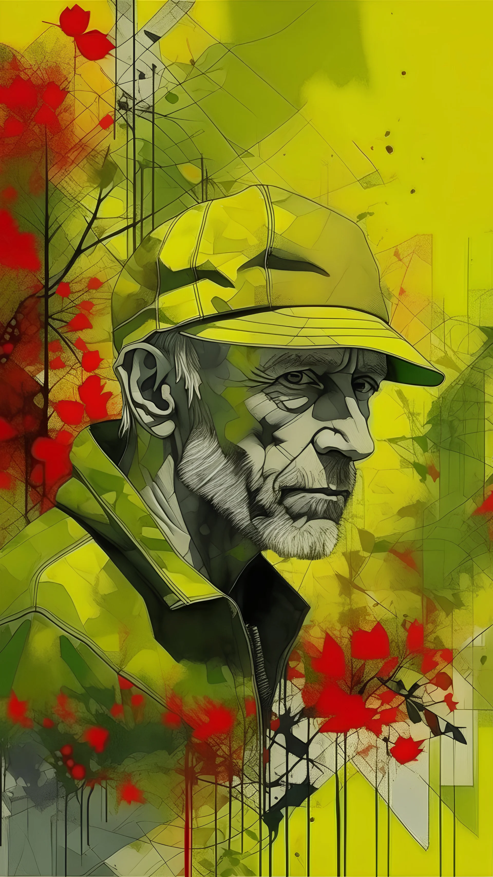 background old, cracks, yellow, torn canvas, gouache, double exposure, man, baseball cap, 40 years old, fine drawing, blots, newspaper scraps, leaves, green, autumn, city, branches, red rowan berries, 8K, double exposure