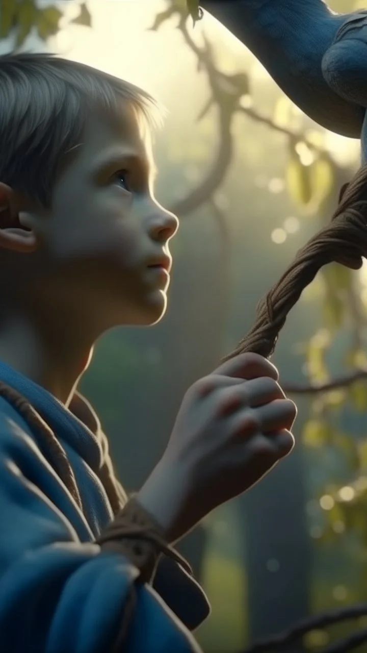 A hyperrealistic a boy holding a slingshot aiming to a bird on the tree , intricate details, soft natural light, slingshot screen captured from 4K Blu-ray