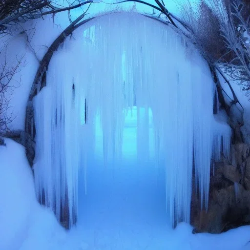 ethereal winter flowers, carved ice door at the end of ice steps, magical atmosphere, Beardsley, Unreal render, cinematic blue --aspect 9:16 --s 2500