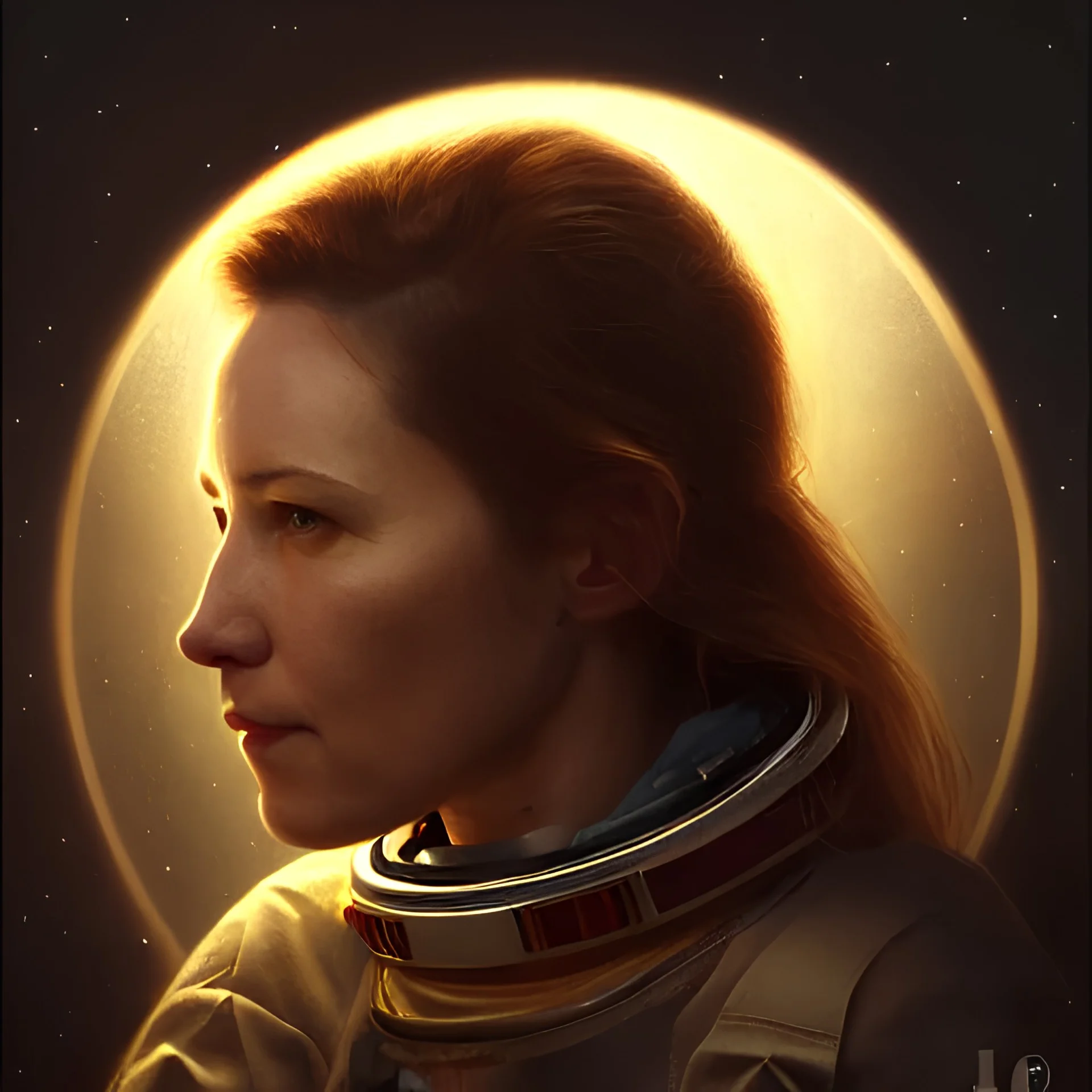 female astronaut portrait, atmospheric lighting, painted, intricate, volumetric lighting, beautiful, rich deep colors masterpiece, golden hour, sharp focus, ultra detailed, by leesha hannigan, ross tran, thierry doizon, kai carpenter, ignacio fernandez rios