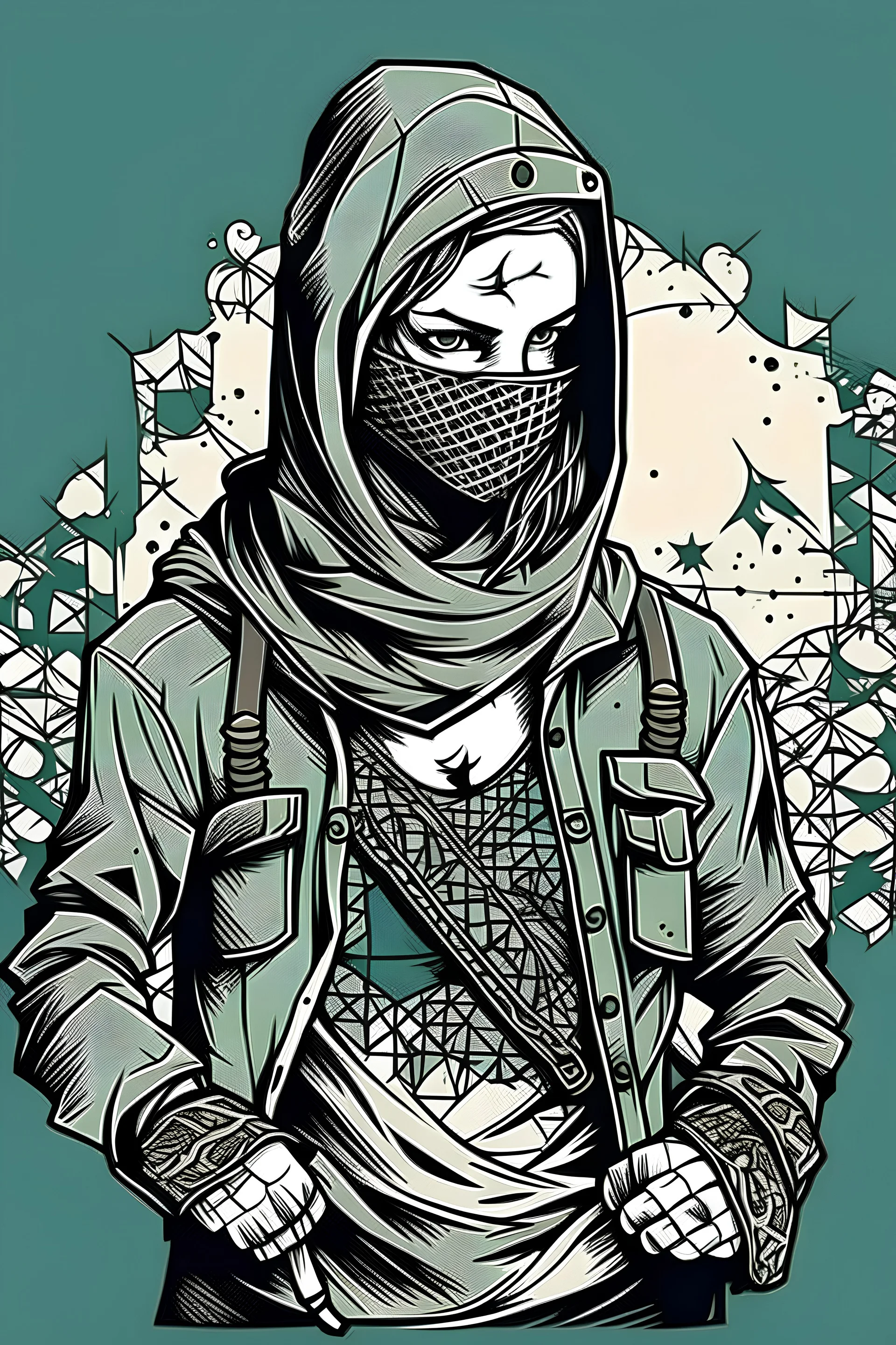 tattoo art, distressed image of Palestine Intifada, use kafiyeh uniform, ready to fight, war, vector art, flat design, gloomy color,