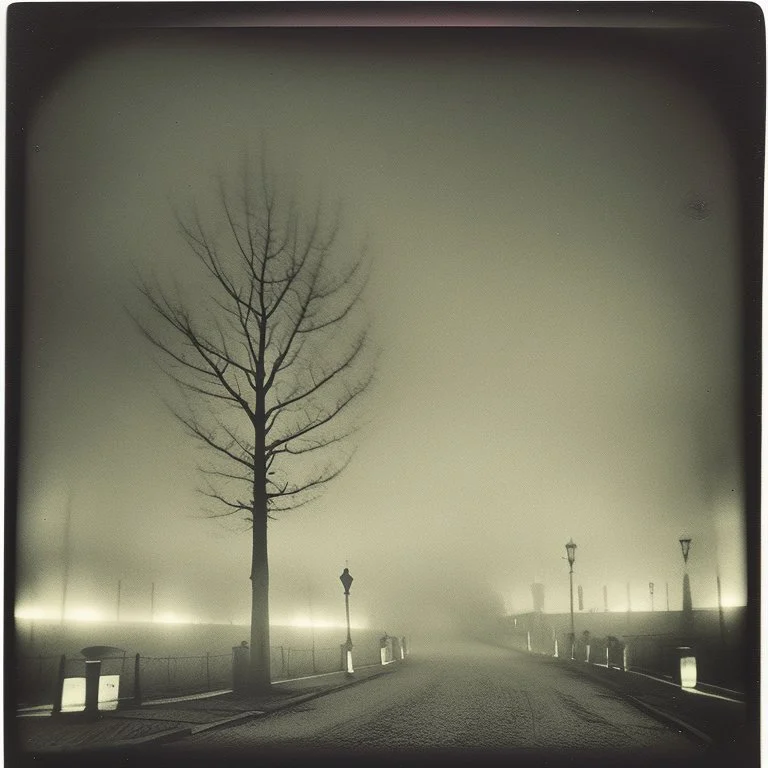 Dark street creepy fog colours strong texture artistic polaroid volumetric light tree nightmare Yves Tanguy