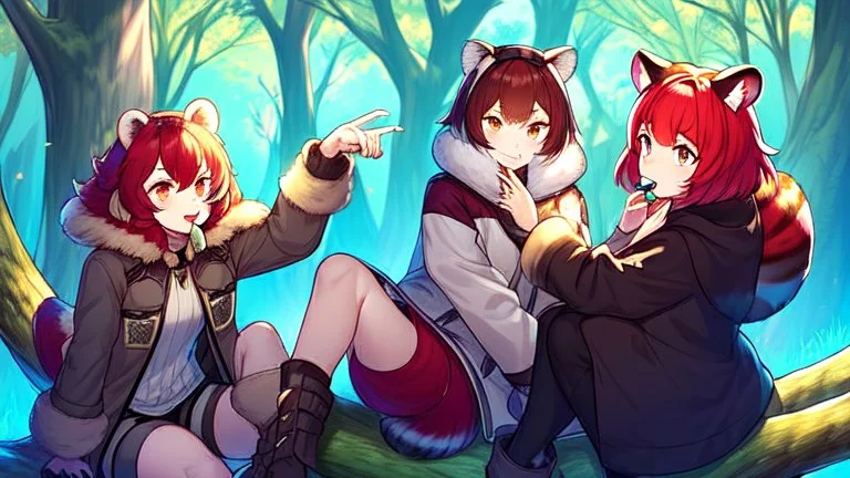 Two Girls, red hair, raccoon ears, raccoon tail, raccoon muzzle on face, forest, sit on tree, raccoon paws on hand, paws on foot, coat on neck,with tongue out