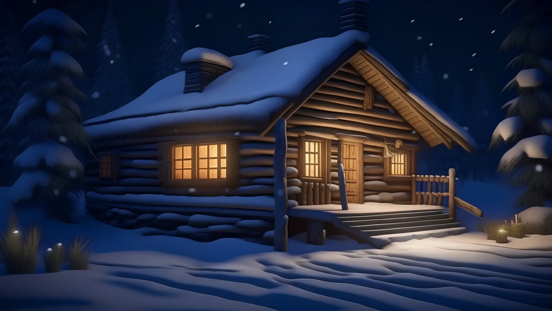 this small log cabin is snow covered at night in 8 k