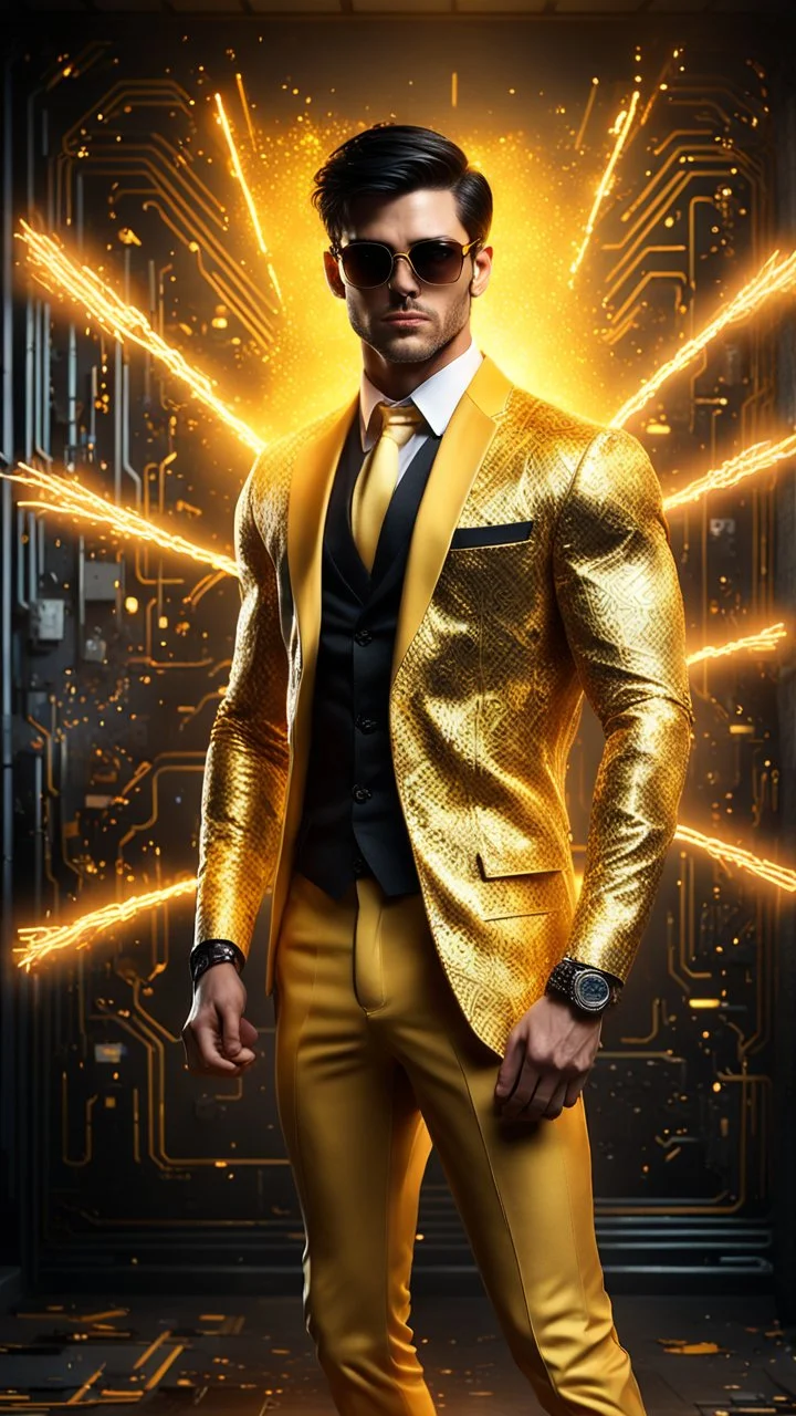 Hyper Realistic handsome muscular Electric-Superhero with short-black-hair wearing long-fancy-yellow-tuxedo-with-golden-circuit-patterns & fancy-sunglasses in a dark-rustic-circuit-room with electric-sparks-&-rays & a massive circuit-board-wall with-glowing-embers showing dramatic & cinematic ambiance.