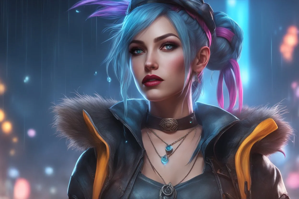 Jinx in 8k realistic arcane drawing style, Dismal them, neon effect, close picture, rain, highly detailed, high details, detailed portrait, masterpiece,ultra detailed, ultra quality