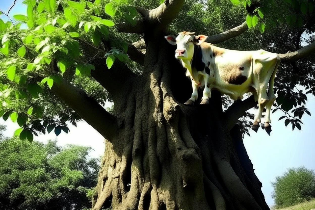 cow stuck in the top of a tree can not get down