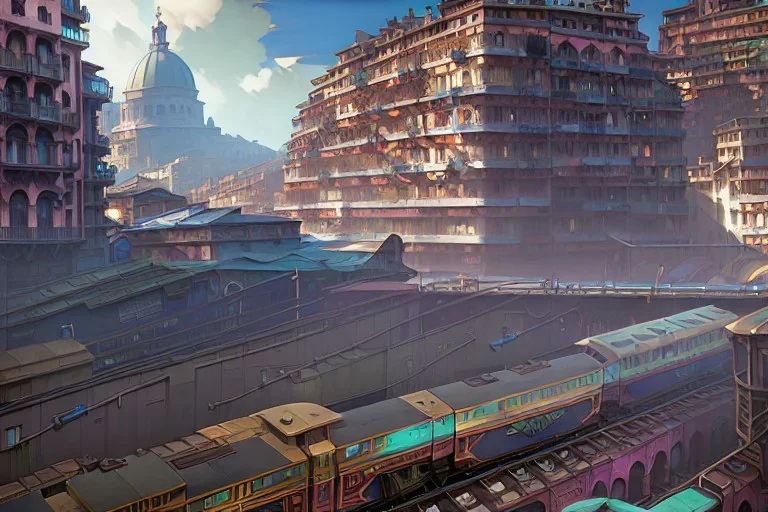 close up train+Elevated train+riomaggiore corner building+Italian colourful sea village +alphonse mucha, greg rutkowski,matte painting, cryengine, hyper detailed, felix kelly, fantasy art, seb mckinnon