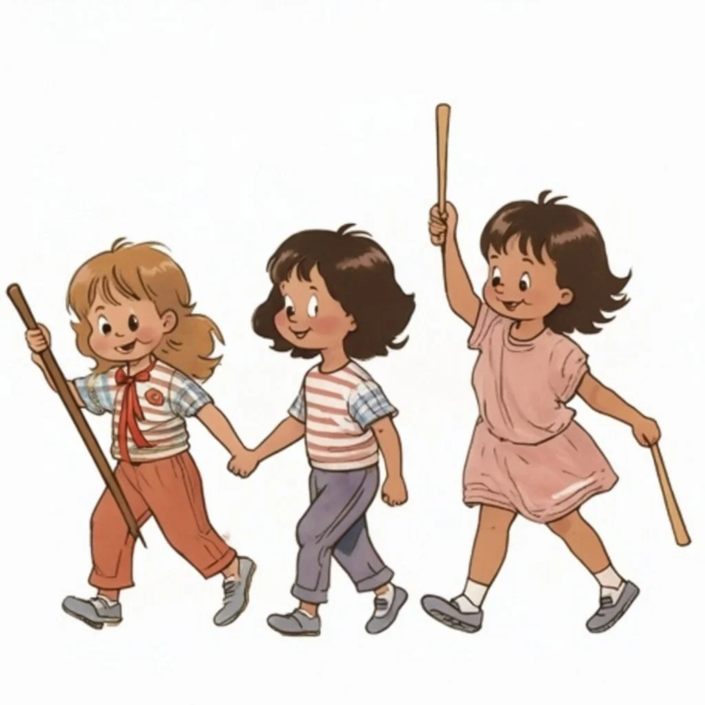 children joyfully walking. Left most child is carrying a parade leader's staff wrapped in ribbon. Right most child is holding drumsticks. improve quality but maintain style.