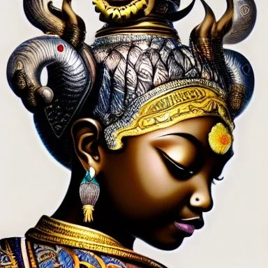 Sango fantasy, fantasy magic, intricate, sharp focus, illustration, highly detailed, digital painting, concept art, matte, art germ and Paul Lewin and Kehinde Wiley, masterpiece silver elephant head bronze Buddha Asian African girl nice breast Hawaiian hair turquoise golden waves