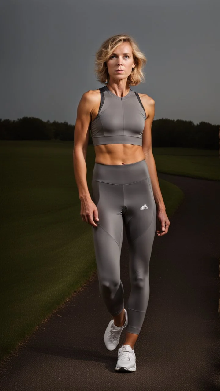 photography of a beautiful anorexic woman, grey satin triathlon top, sports illustrated, blond short wavy bob haircut, pronounced sternum, flat chest, anthracite cycling leggins