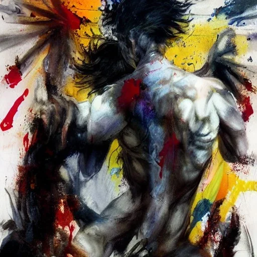 Fullbody portrait of an abstract angelic demon looking at a mirror, colorful charcoal painting, by yoji shinkawa on lsd, erratic brush strokes, sense of dread and death and blood, greg rutkowski, rough