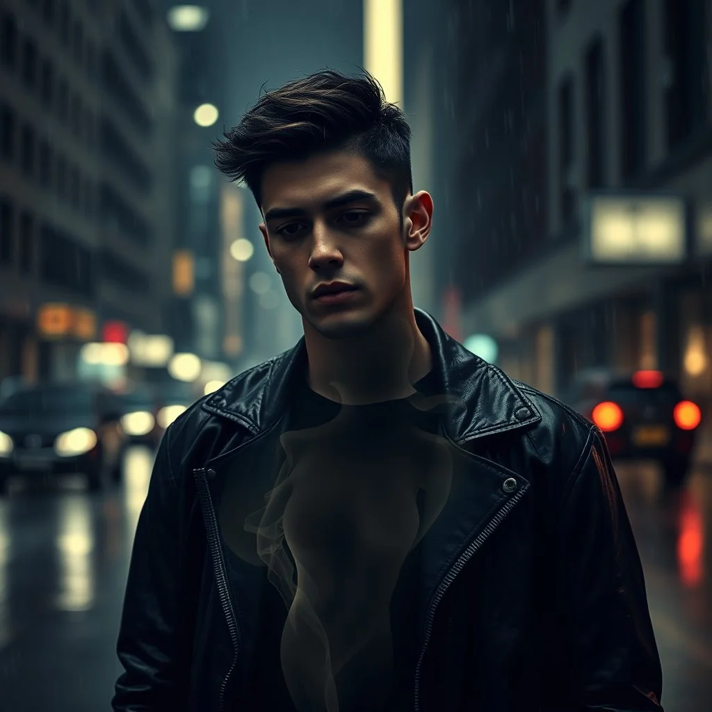 Ultra-premium album cover designed by a world-class graphic designer in 2026, emotional male singer standing alone in a rain-soaked city street at night, dark cinematic atmosphere, heartbreak and betrayal reflected in his expression, handsome young man wearing modern black streetwear and a leather jacket, head slightly lowered, eyes filled with pain, loss and quiet strength. A translucent ghostly female silhouette made of mist and fading light emerges from his chest and dissolves into the night