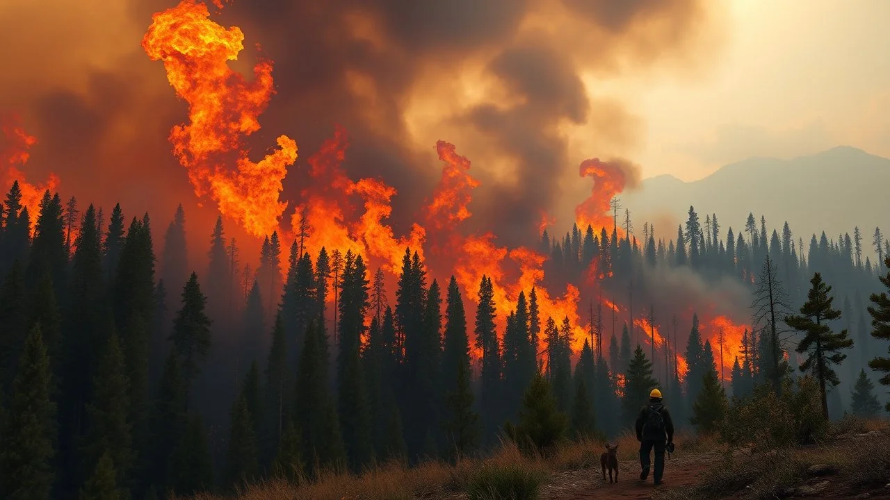 Climate emergency. A dense forest consumed by raging wildfires, with towering flames and thick, dark smoke filling the sky. Wildlife flee from the inferno, and a firefighter stands at the edge, silhouetted against the blazing backdrop. Beautiful award-winning photograph, inspiring, rule of thirds, balanced delightful composition, perfect lighting, superb detail, 16k render