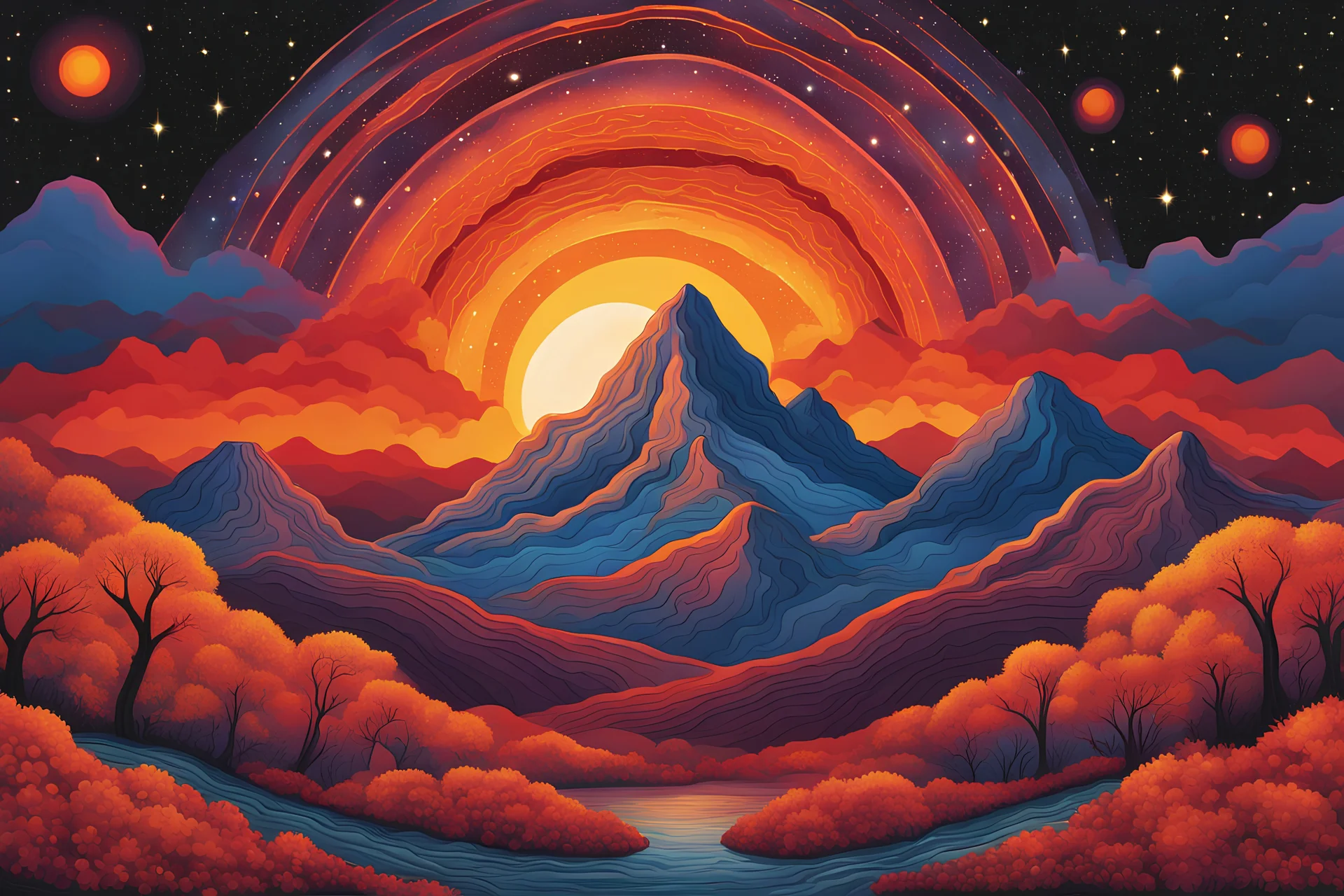 cosmic galaxy mountain sunset in a psychedelic orange, red, and yellow color palette in the illustrated style of alex grey