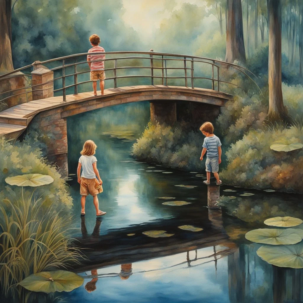 On bridge children look into surreal pond their reflections in the rippling water stretching their reflected features in macabre horrifying ways, cinematic, detailed hyperrealistic watercolor, dynamic lighting, sharp colors, smooth perfect picture, concept art, surrealism.